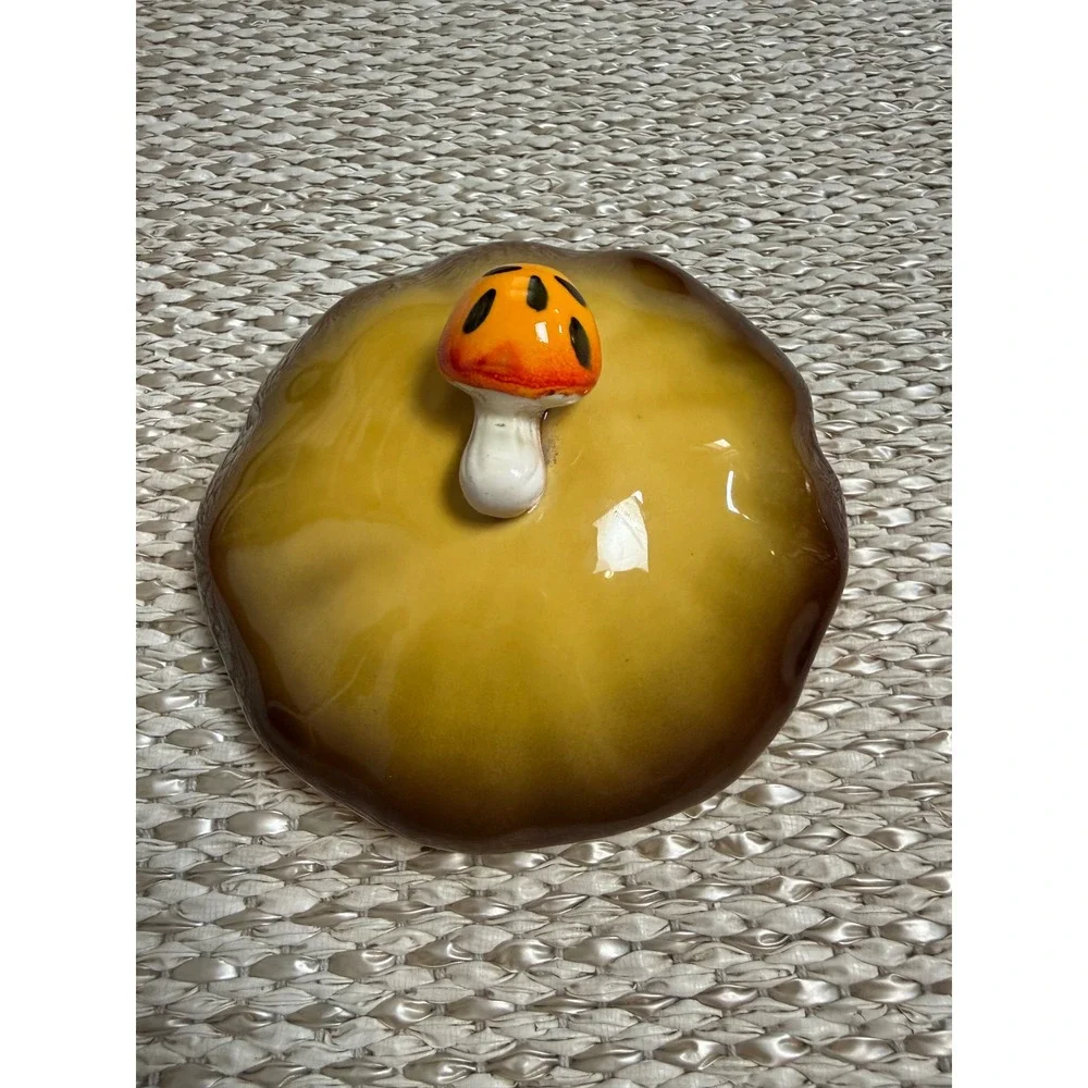 Vintage merry Mushroom Ceramic Canister Replacement Lid Yellow Brown Retro 70s